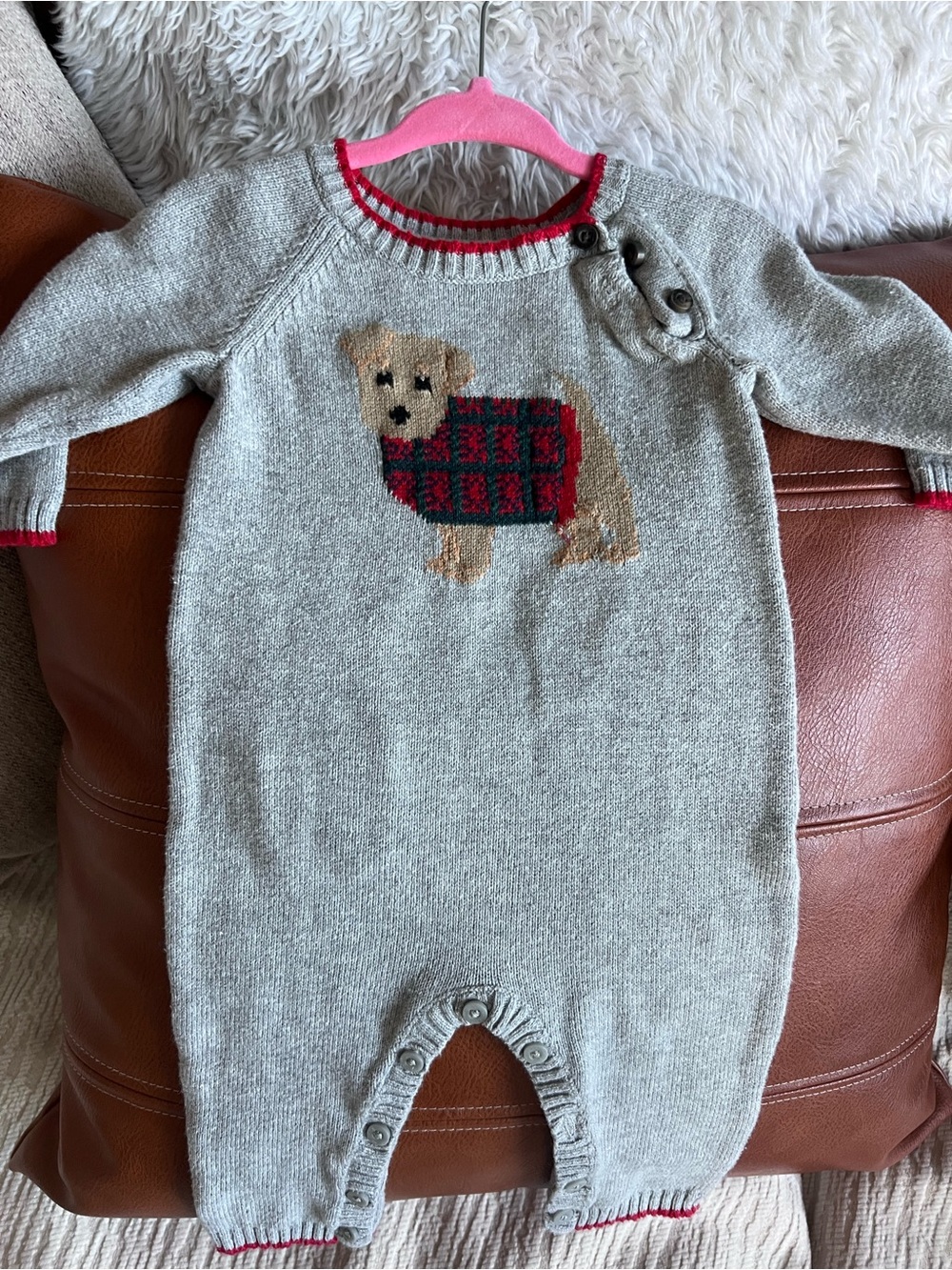 Janie and Jack Gray Knit Puppy Footie with Red Trim